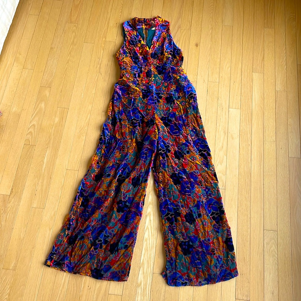 Maeve/Anthropologie colorful velvet sleeveless jumpsuit with pockets